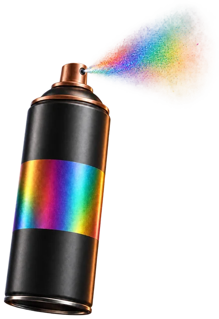 Sprej s dúhovým pásom, z ktorého strieka jemná farebná hmla